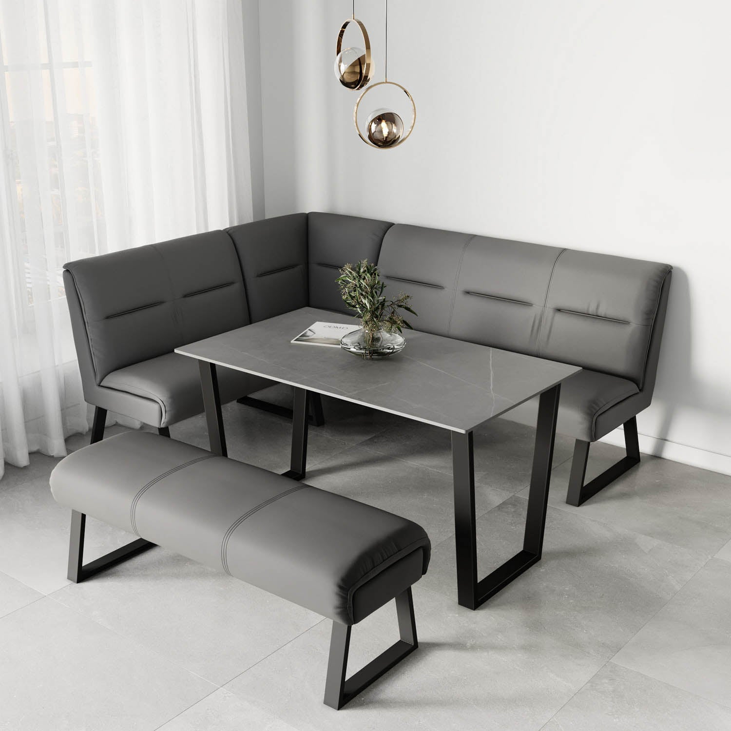 Cerutti Grey Ceramic Dining Table with Left Hand Facing Corner Bench and Low Backless Bench Set