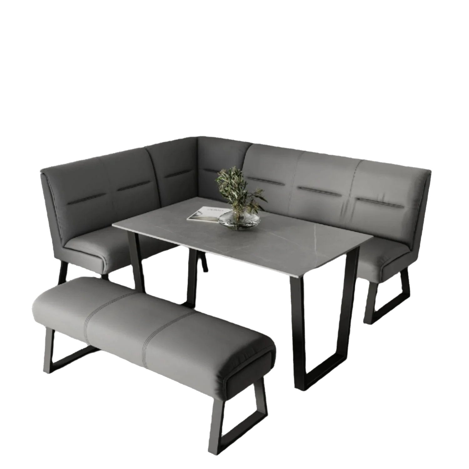 Cerutti Grey Ceramic Dining Table with Left Hand Facing Corner Bench and Low Backless Bench Set