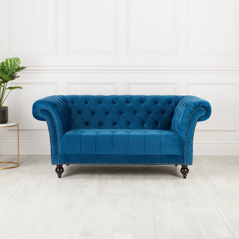 Chester Blue Plus Velvet Soft Fabric Chesterfield Sofa, also available in Grey, Choose from 3 seater and 2 seater - Lifestyle Image 