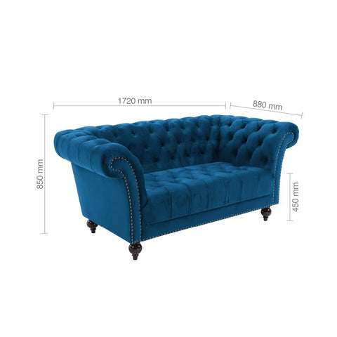 Chester Blue Plus Velvet Soft Fabric Chesterfield Sofa, also available in Grey, Choose from 3 seater and 2 seater - 2 Seater Dimensions 