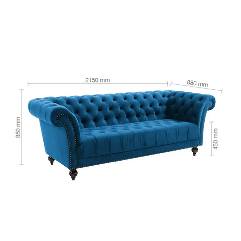 Chester Blue Plus Velvet Soft Fabric Chesterfield Sofa, also available in Grey, Choose from 3 seater and 2 seater - 3 Seater Dimensions 