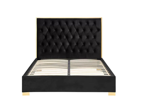 Gloucester Bed: A luxurious retreat with opulent gold or chrome trimmings, upholstered in Black or Grey Plush Velvet Fabric. Meticulously crafted for comfort and elegance, available in Double or King Size for a perfect blend of style and sophistication. - 005