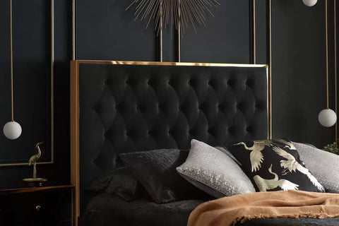 Gloucester Bed: A luxurious retreat with opulent gold or chrome trimmings, upholstered in Black or Grey Plush Velvet Fabric. Meticulously crafted for comfort and elegance, available in Double or King Size for a perfect blend of style and sophistication. - 006