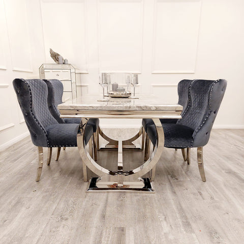 4 Seater Luciana Light grey Marble top dining table with lion knocker chairs - Another View