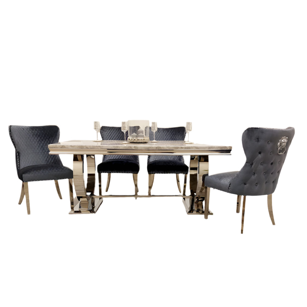 4 Seater Luciana Light grey Marble top dining table with lion knocker chairs - Lifestyle