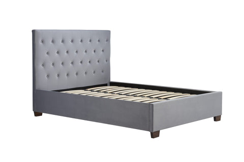 Chiswick Bed: A modern masterpiece of elegance and comfort, featuring a stylish buttoned headboard and versatile upholstery options in steel crushed velvet or sophisticated grey fabric. Explore the ottoman bed frame option for added functionality. Available in sizes Double bed and King Size Bed - 002