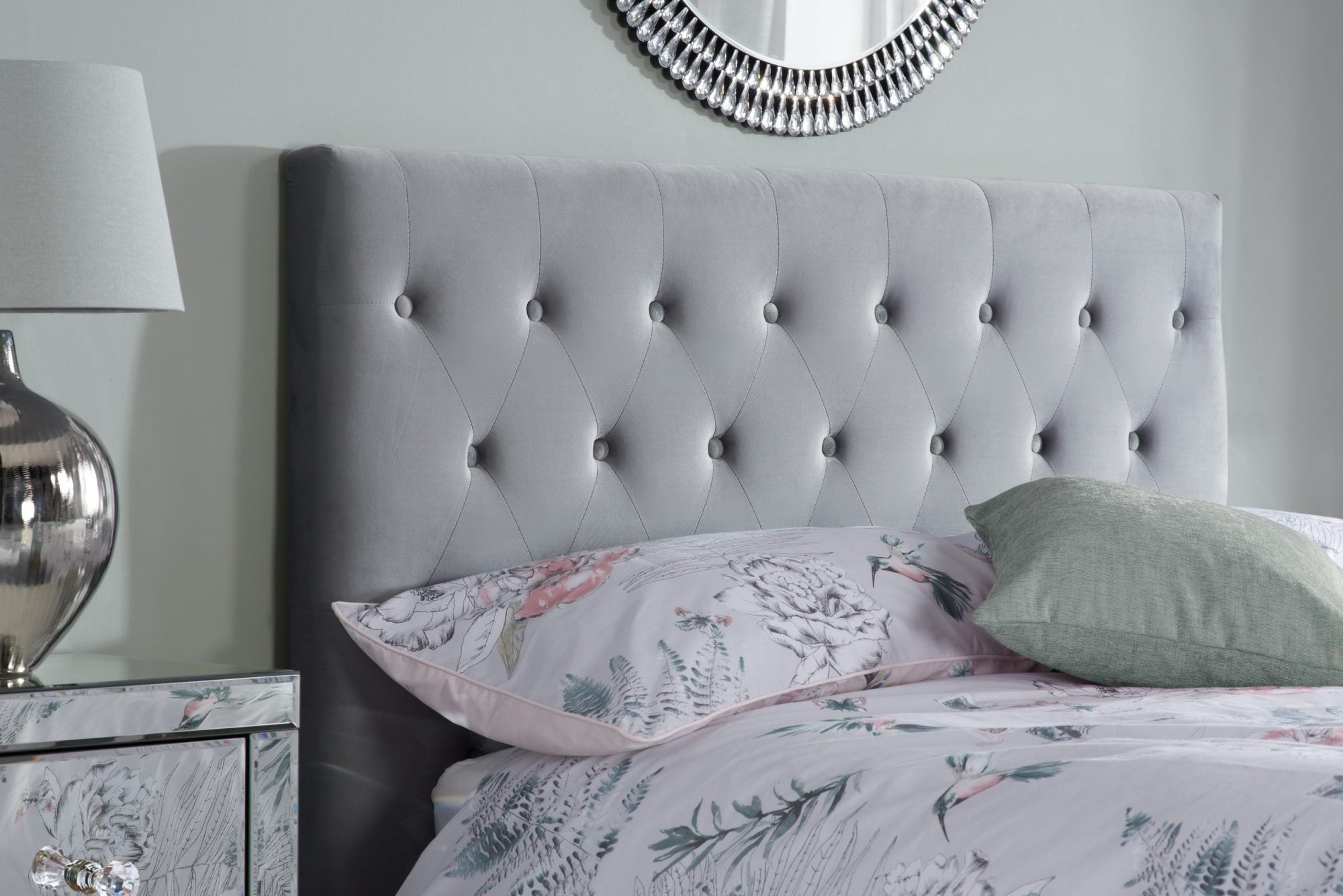 Chiswick Grey Plush Velvet Fabric Bed