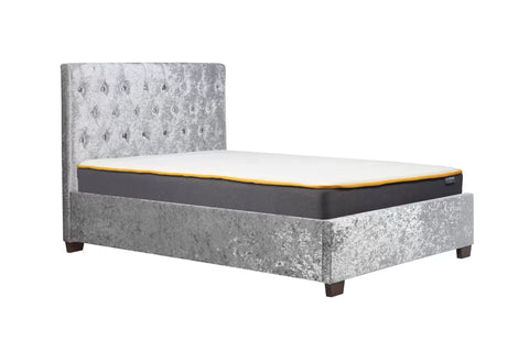 Chiswick Bed: A modern masterpiece of elegance and comfort, featuring a stylish buttoned headboard and versatile upholstery options in steel crushed velvet or sophisticated grey fabric. Explore the ottoman bed frame option for added functionality. Available in sizes Double bed and King Size Bed - 012