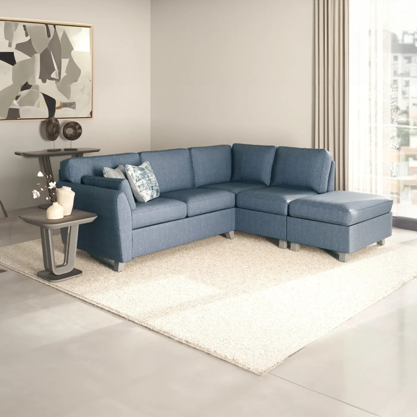 Cromwell Blue Linen Fabric RHF Corner Sofa