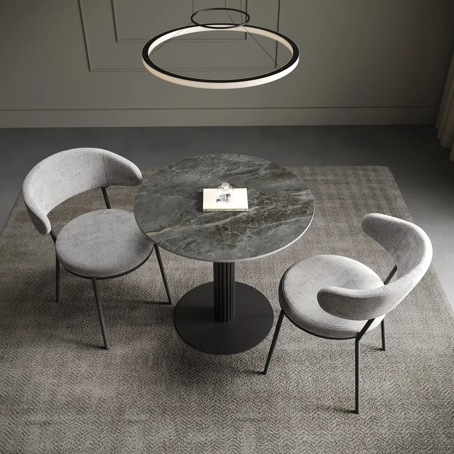 Cartier 80cm Round Gloss Grey Ceramic Dining Table with 2 Ria Dining Chairs