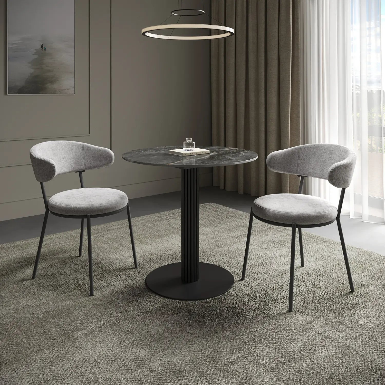 Cartier 80cm Round Gloss Grey Ceramic Dining Table with 2 Ria Dining Chairs