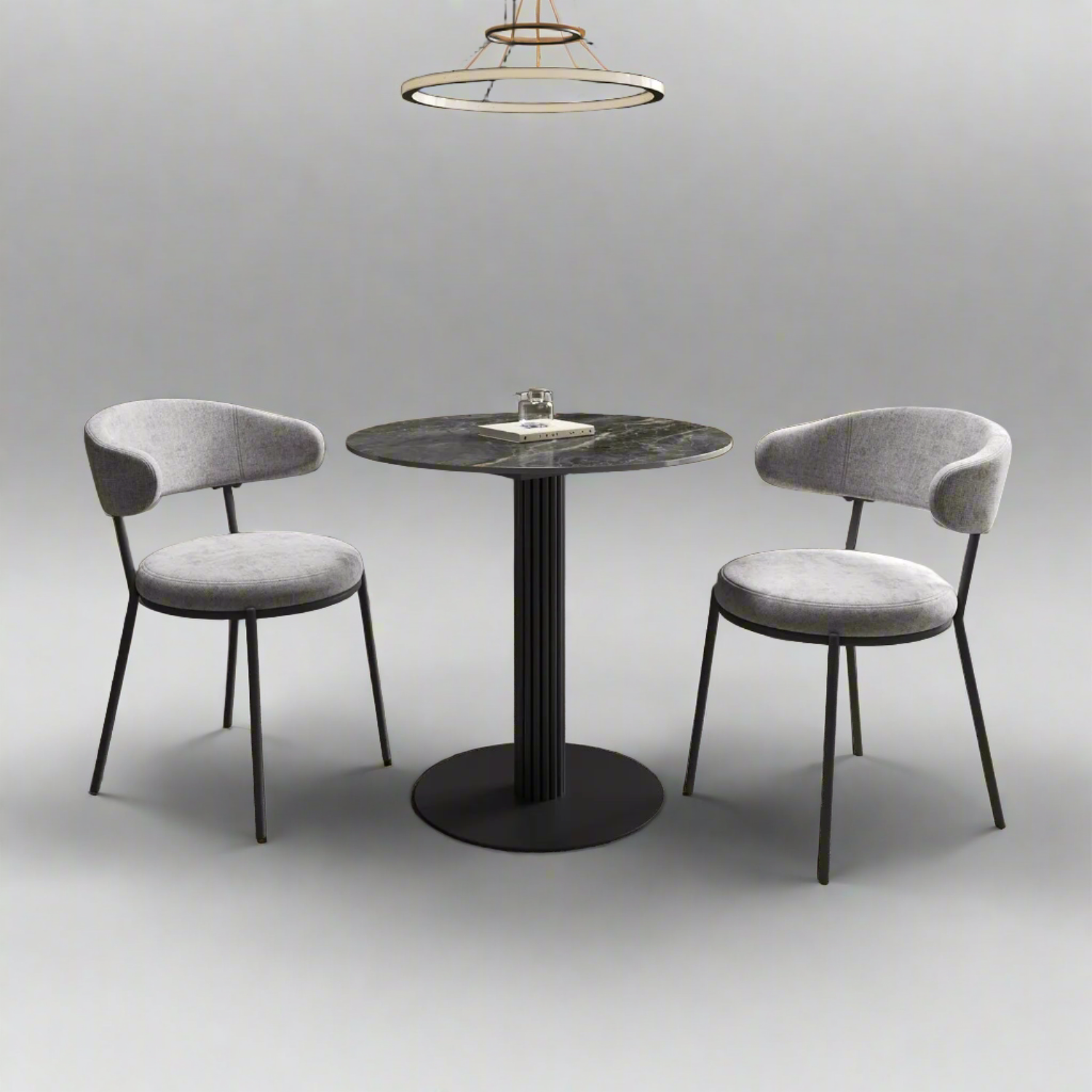 Cartier 80cm Round Gloss Grey Ceramic Dining Table with 2 Ria Dining Chairs