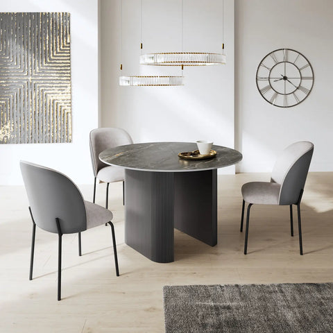 Cartier Round Gloss Grey Ceramic Dining Table Set -120cm. Shop a variety of shapes and size Dining Tables in the Cartier Collection - Lifestyle Image