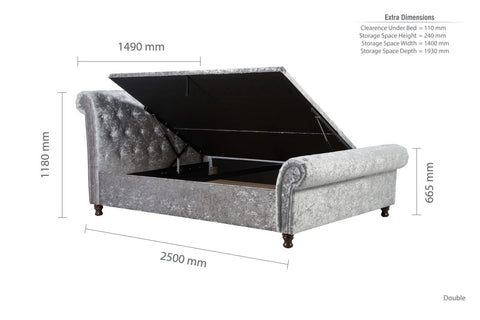 Venice Ottoman Bed: A chic statement piece with buttoned detailing, rolled headboard, and Ottoman storage. Elevate your bedroom with unbeatable comfort and style during this limited-time sale. Available in Double, Small Double, and King sizes. Dimensions Double Bed