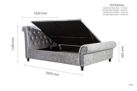 Venice Ottoman Bed: A chic statement piece with buttoned detailing, rolled headboard, and Ottoman storage. Elevate your bedroom with unbeatable comfort and style during this limited-time sale. Available in Double, Small Double, and King sizes. Dimensions King Bed