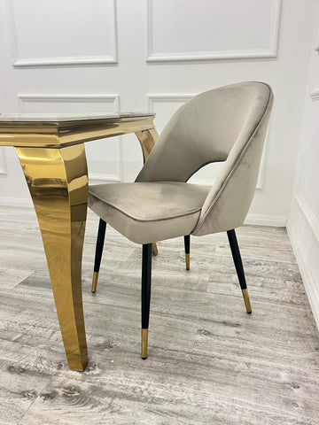 Set of 4 beige leather dining chairs, also available in Beige Velvet, Black Velvet, Rust Velvet and Champagne Velvet-Main-Image-Champagne-Velvet-Chair