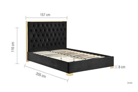 Gloucester Bed: A luxurious retreat with opulent gold or chrome trimmings, upholstered in Black or Grey Plush Velvet Fabric. Meticulously crafted for comfort and elegance, available in Double or King Size for a perfect blend of style and sophistication. - 010