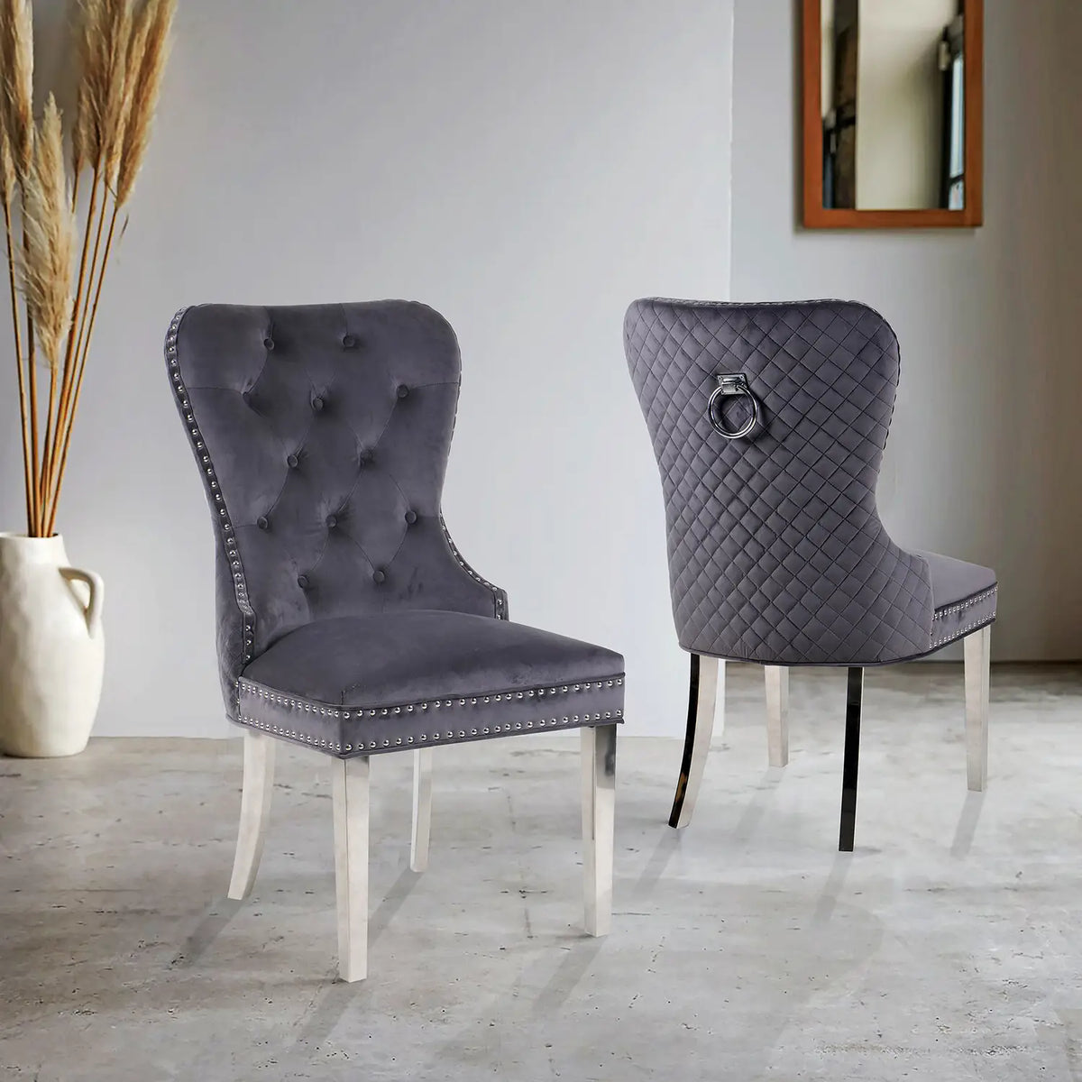 Chennai Quilted Back Grey Plush Velvet Fabric Dining Chairs with Chrome Ring Knocker and Legs 