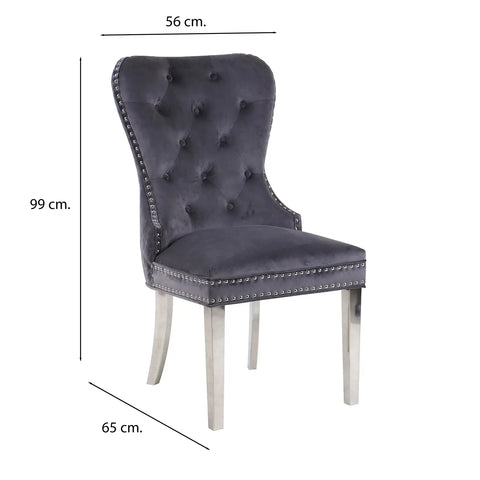 Chennai Quilted Back Taupe Plush Velvet Fabric Dining Chairs with Chrome Ring Knocker and Legs - Dimensions 