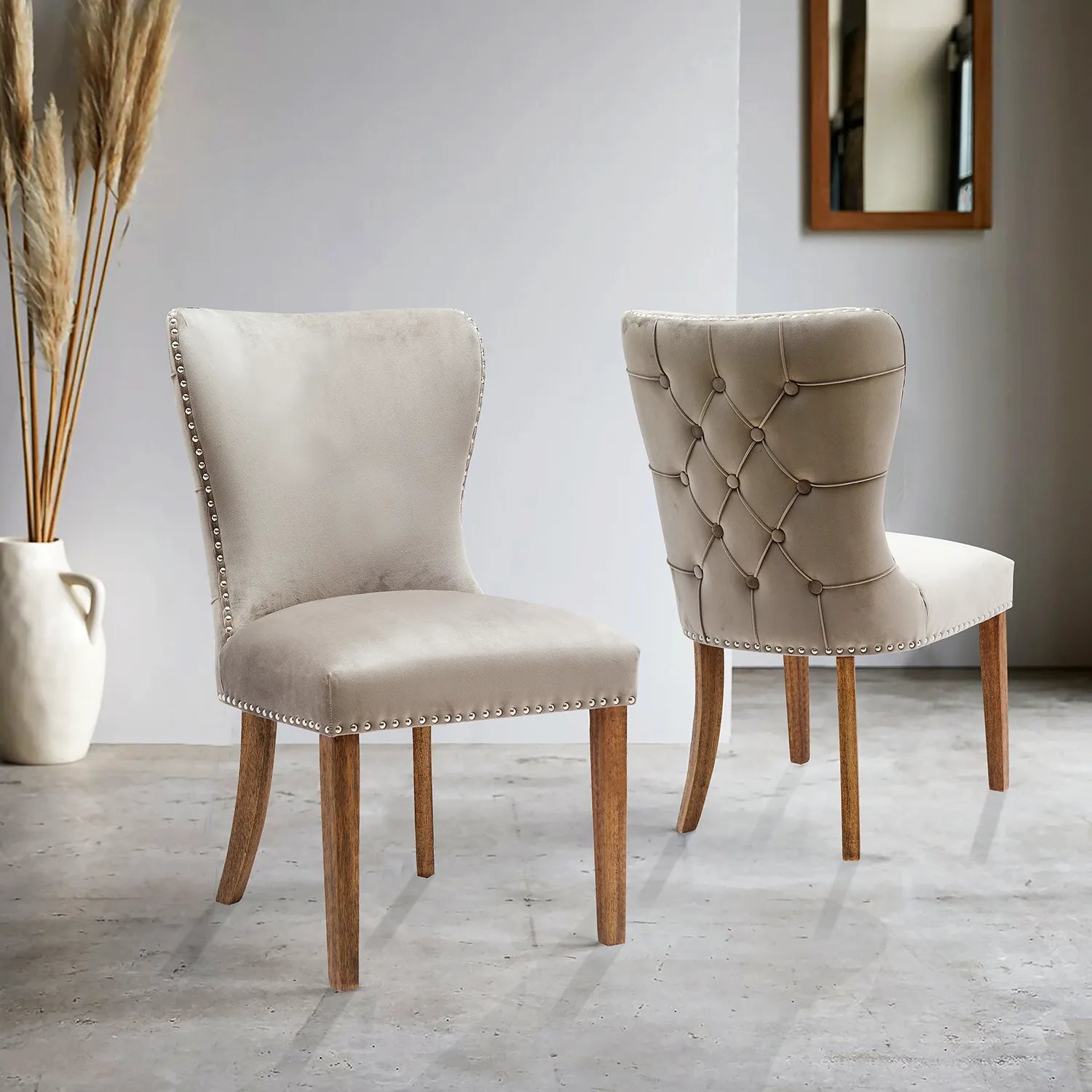 Chennai Set of 6 Velvet Button Back Luxe Dining Chairs. Taupe Velvet Upholstered Chair with Wooden Legs - Lifestyle Image