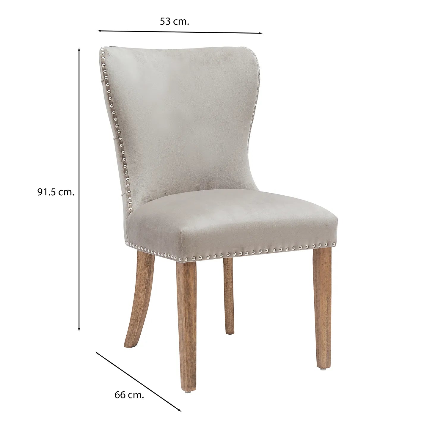 Chennai Set of 6 Velvet Button Back Luxe Dining Chairs. Taupe Velvet Upholstered Chair with Wooden Legs - Chair Measurement Image