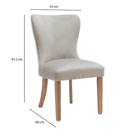 Chennai Set of 4 Velvet Button Back Luxe Dining Chairs. Mink Velvet Upholstered Dining Chair with Stud Detail and Wooden Legs - Chair Measurement Image