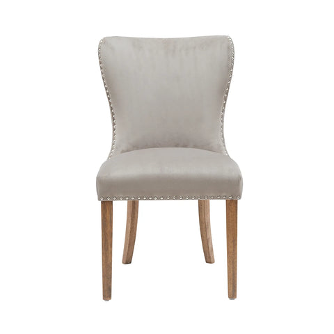 Chennai Set of 4 Velvet Button Back Luxe Dining Chairs. Mink Velvet Upholstered Dining Chair with Stud Detail and Wooden Legs 