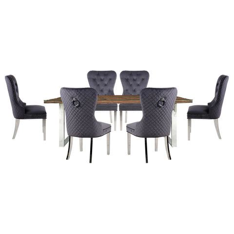 Chennai 220cm Railway Sleeper Dining Table with Chennai Quilted Chairs, 6 to 8 seater, Tempered Glass Top on the Wood, Chrome U Shape Base   With Chennai Quilted Dining Chairs upholstred in Grey Velvet and has Ring chrome knocker at the back and Chrome Legs