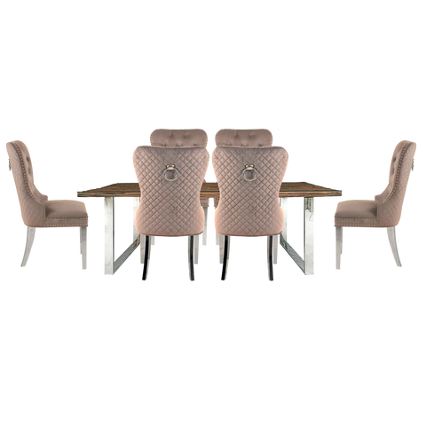 Chennai 220cm Railway Sleeper Dining Table with Chennai Quilted Chairs, 6 to 8 seater, Tempered Glass Top on the Wood, Chrome U Shape Base   With Chennai Quilted Dining Chairs upholstred in Pink Velvet and has Ring chrome knocker at the back and Chrome Legs