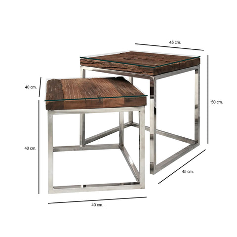 Chennai Railway Sleeper Wood Nest of 2 Tables, matching furniture available - Dimensions 