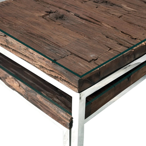 Chennai Railway Sleeper Wood Nest of 2 Tables, matching furniture available - Close up of Glass on Wood Top