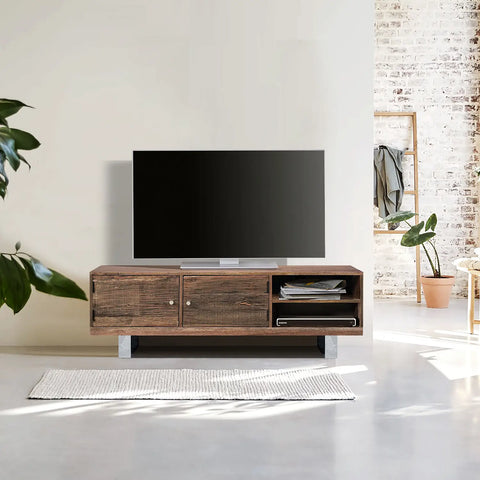 Chennai Railway Sleeper Wood TV Cabinet With Two Doors, Matching Furniture Available - Lifestyle Image 