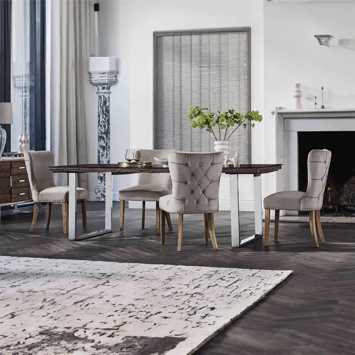 180cm Chennai Dining Table with U-Shaped Legs and 6 Upholstered Chairs