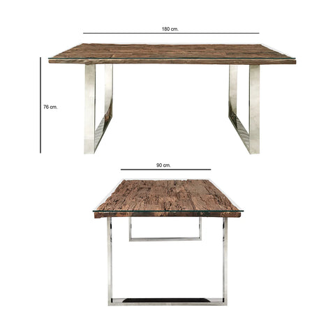 Elevate your dining experience with the Chennai dining table featuring U-shaped legs, a masterpiece that seamlessly blends chic elegance with industrial charm. Crafted with precision and attention to detail, this table is a stunning fusion of reclaimed wood, glass, and polished stainless steel, creating a contemporary statement piece for your home.- Dimensions