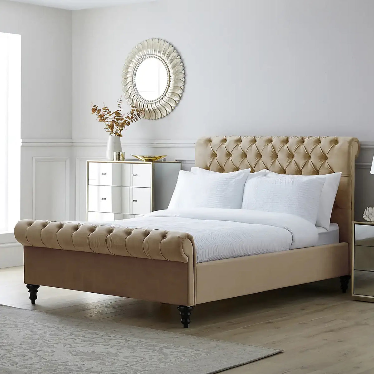 Chester Gold Upholstered Bed Frame, available in Single, Small Double, Double, Kingsize and Superking. Available in a variety of colours and fabrics - Main Image