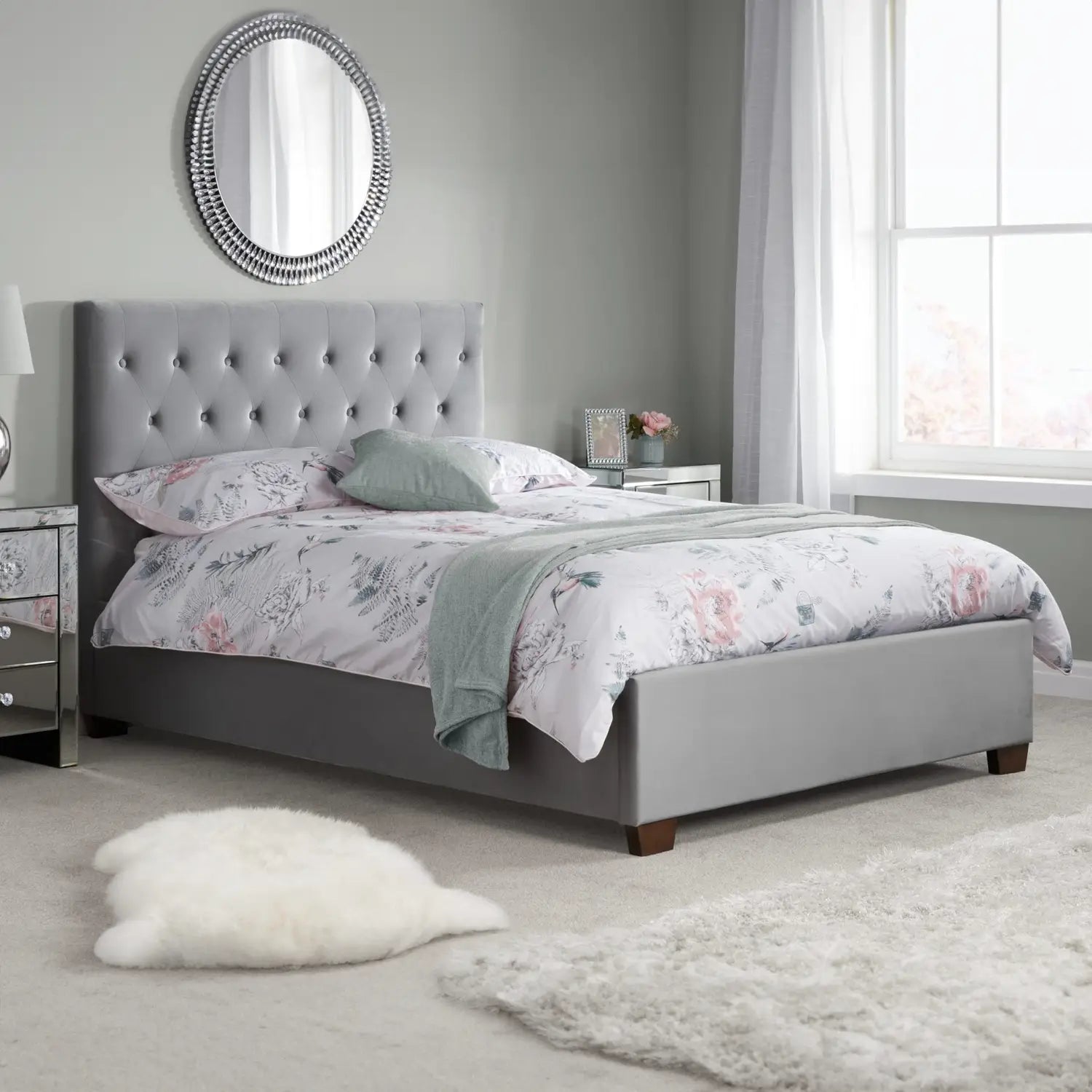 Chiswick Grey Plush Velvet Fabric Bed