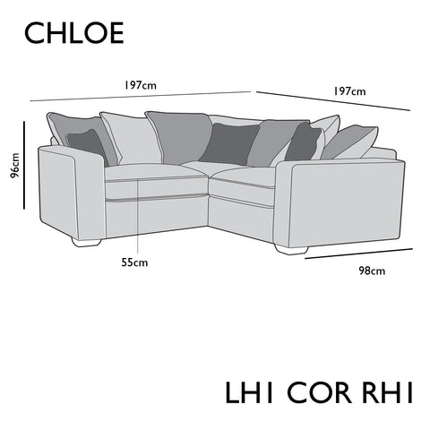 Chloe Corner Chaise Sofa Group, available in a variety of fabrics and colours - LH1, COR, RH1 Dimensions 