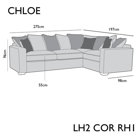 Chloe Corner Chaise Sofa Group, available in a variety of fabrics and colours - LH2, COR, RH1 Dimensions  