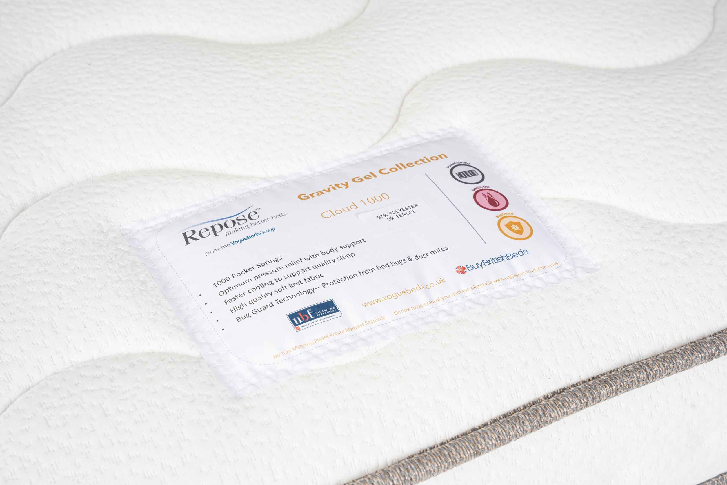 Repose Cloud Gravity Gel 1000 Pocket Mattress, available in Single, Small Double, Double, Kingsize and SuperKing - Gravity Gel Collection details