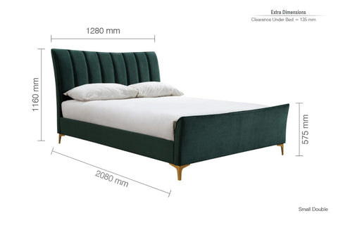 Flora Bed: A chic statement piece with lusciously cushioned headboard, stunning gold feet, and free delivery. Limited-time sale includes interest-free monthly payments. Elevate your bedroom with comfort and style! Sizes available Small Double Bed, Double Bed, and King Bed - Dimensions Small Double Bed