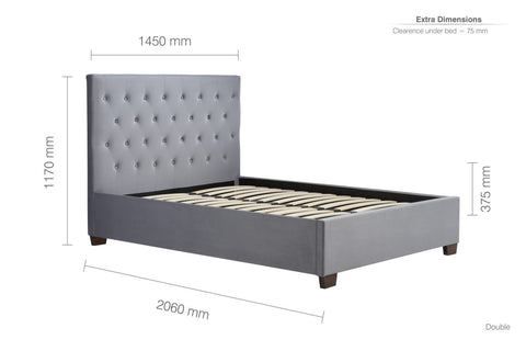 Chiswick Bed: A modern masterpiece of elegance and comfort, featuring a stylish buttoned headboard and versatile upholstery options in steel crushed velvet or sophisticated grey fabric. Explore the ottoman bed frame option for added functionality. Available in sizes Double bed and King Size Bed - Dimensions Double Bed