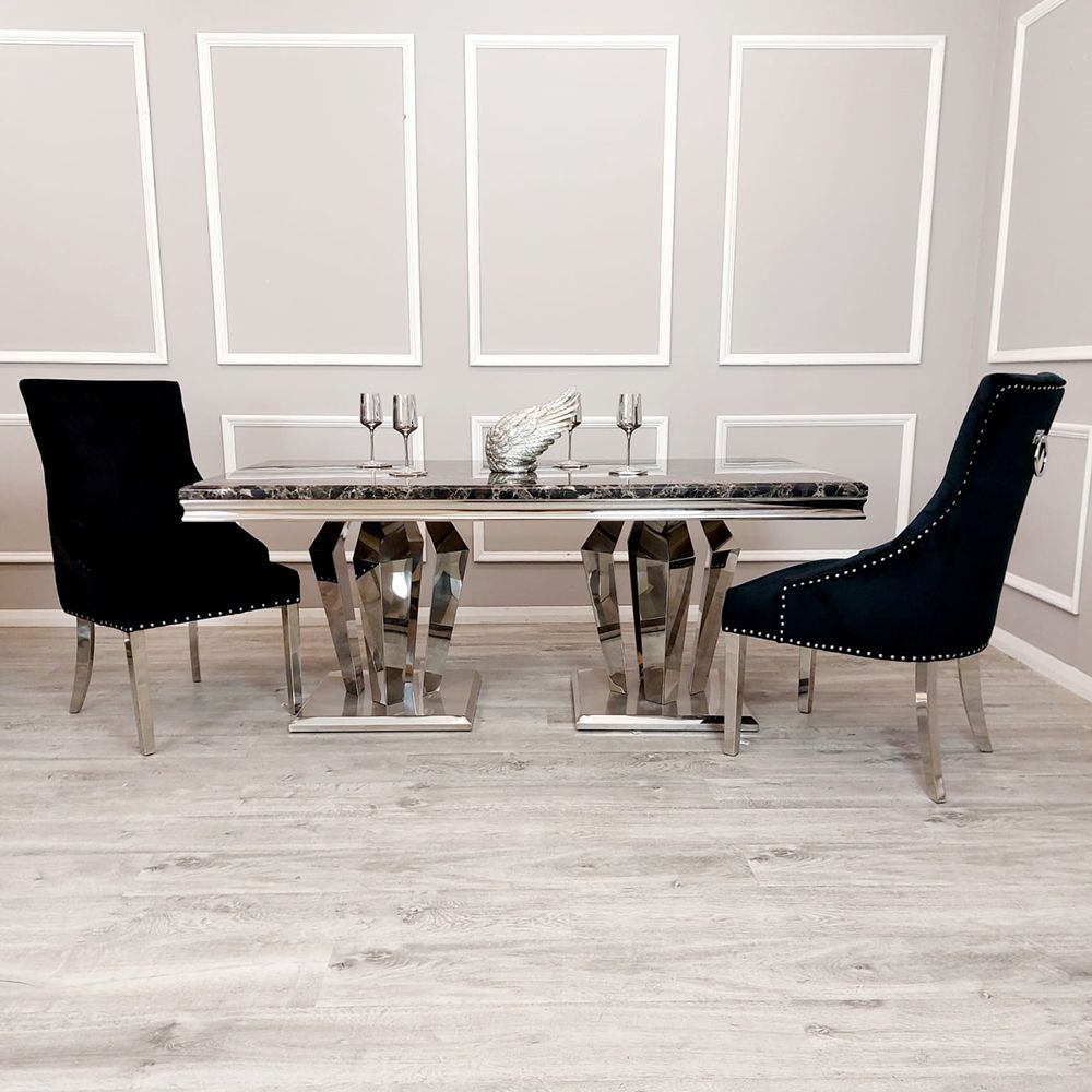 Antibes 1.8M Black Marble and Chrome Dining Table Oliver Lion Knocker Chairs Set