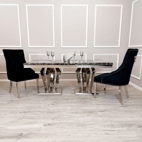 Antibes 1.8M Black Marble and Chrome Dining Table Oliver Lion Knocker Chairs Set - Front View