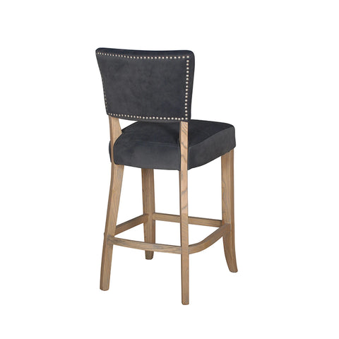 Dark Grey Velvet Bar Chair with Solid Oak Legs. Studded detail to the back of the Chair. Also available in Light Grey and Blue - Back of Bar Stool