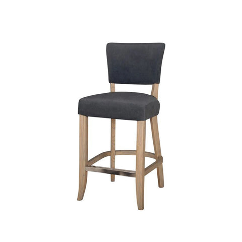 Blue Velvet Bar Chair with Solid Oak Legs. Studded detail to the back of the Chair. Also available in Light Grey and Dark Grey - Dark Grey Bar Stool