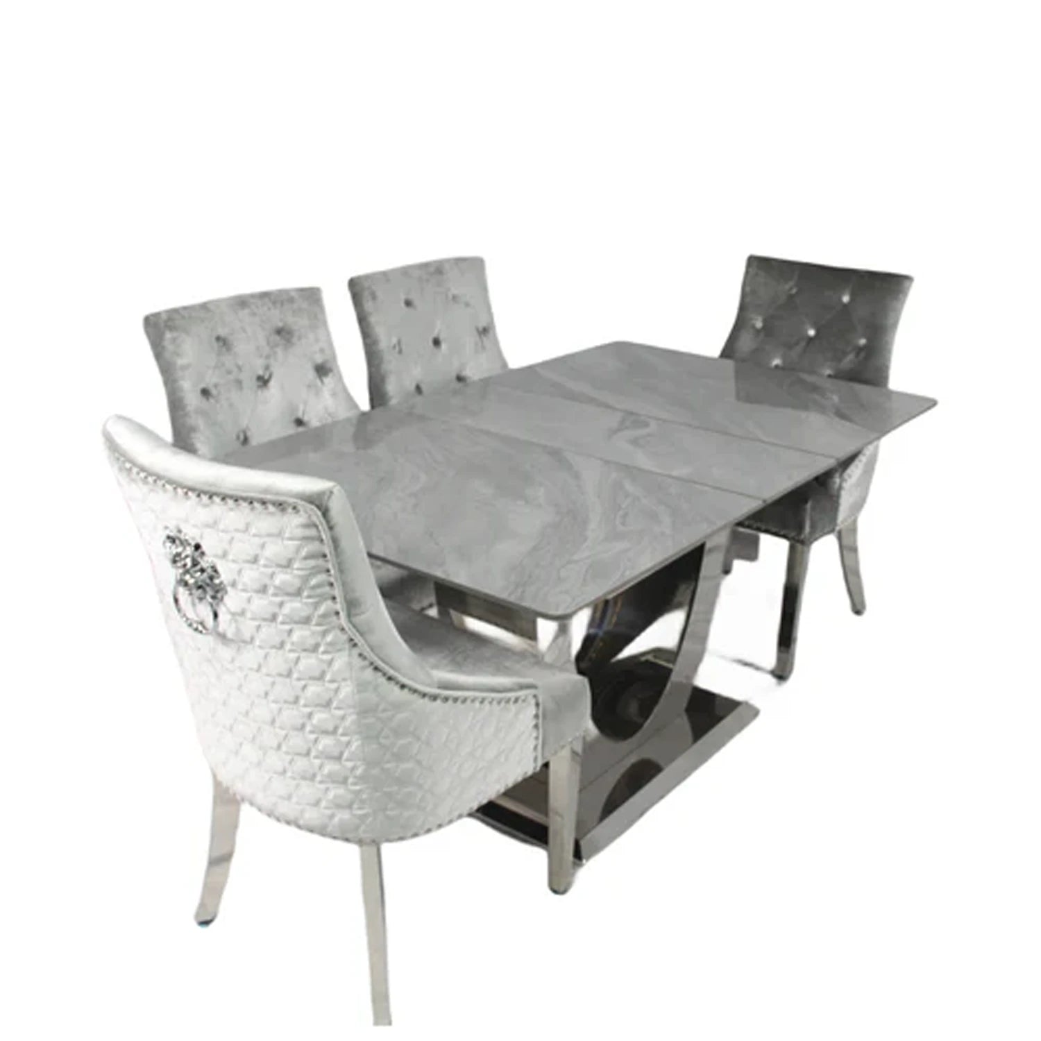 Denver Ceramic Extending Dining Table with Chairs. Choose from Silver Grey and Dark Grey Dining Chairs - Angled View 