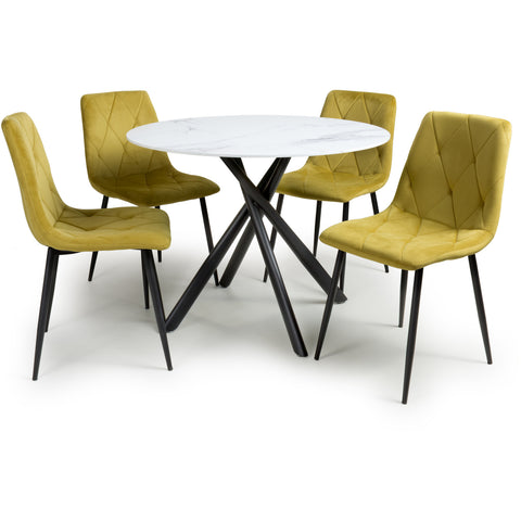 White Marble Effect Round Dining Table with 4 Yellow Brushed Velvet Chairs. Table also available in Granite effect and Chairs also available in Grey-Table image