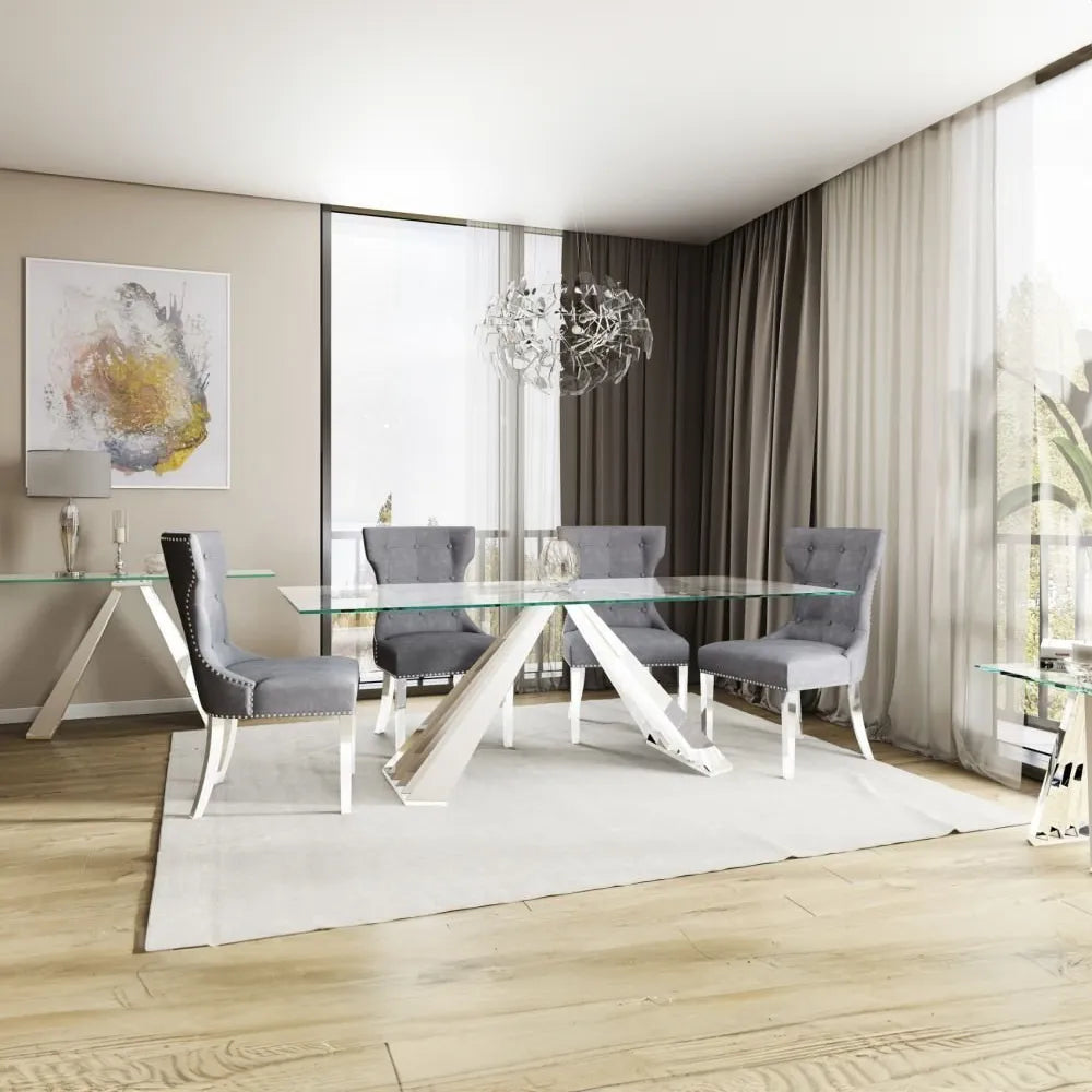 Dominique Clear Glass Top 1.8M Dining Table with 4 Chairs