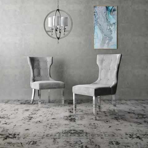 Dominique Glamorous Grey Leather dining chairs with chrome legs 