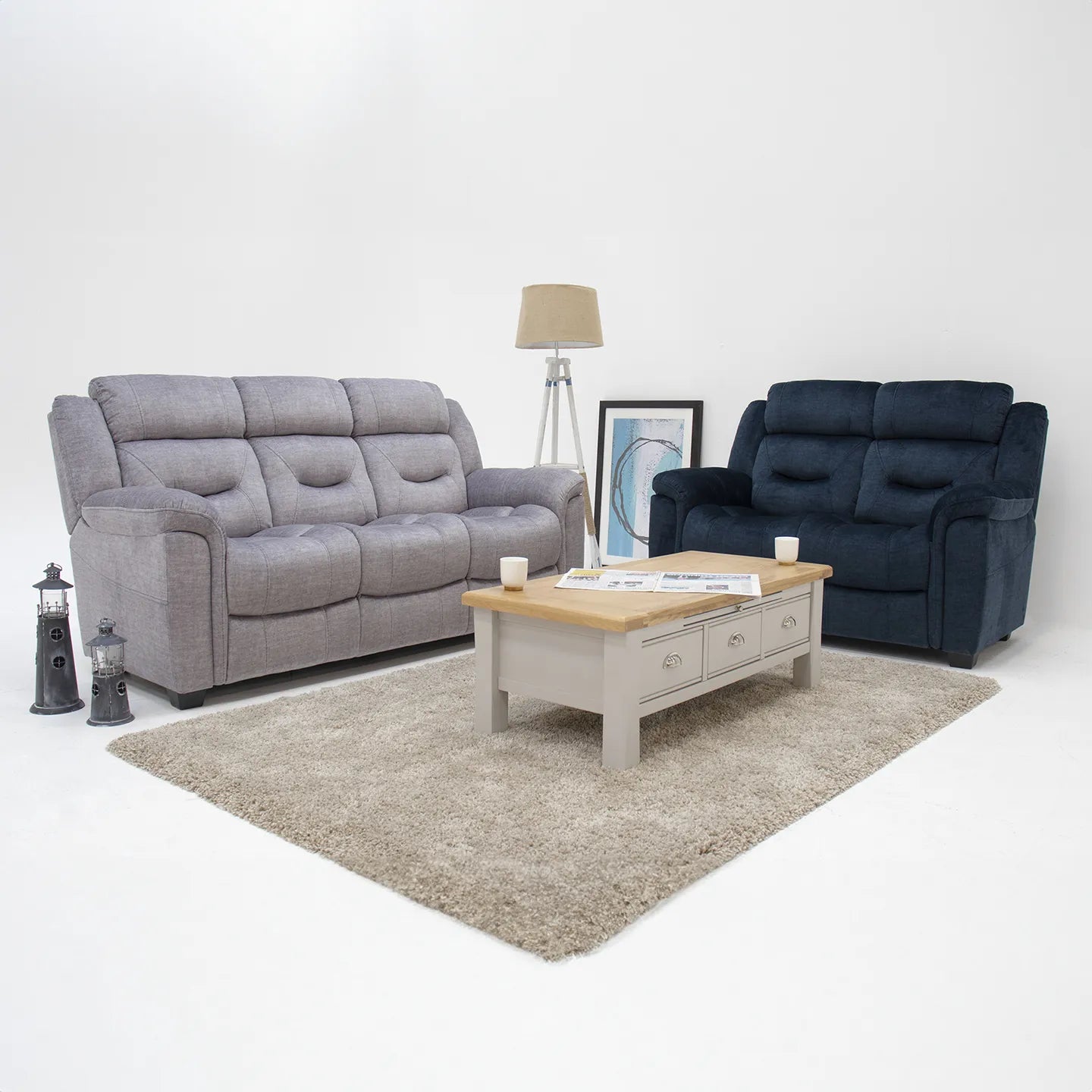 Dudley Blue Fabric 2 Seater Fixed Sofa